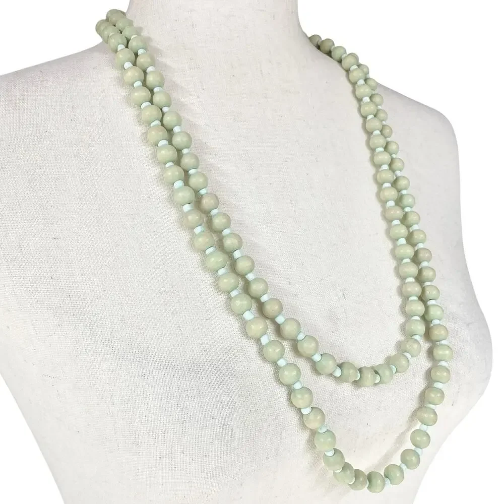 Rustic Light Wood Bead Strand Necklace Teal Green-Blue Farmhouse Cottage